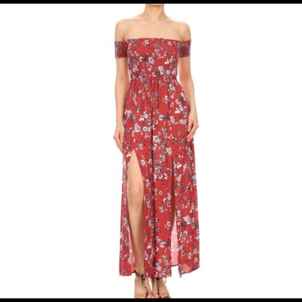 Off Shouider Smocked Maxi Dress